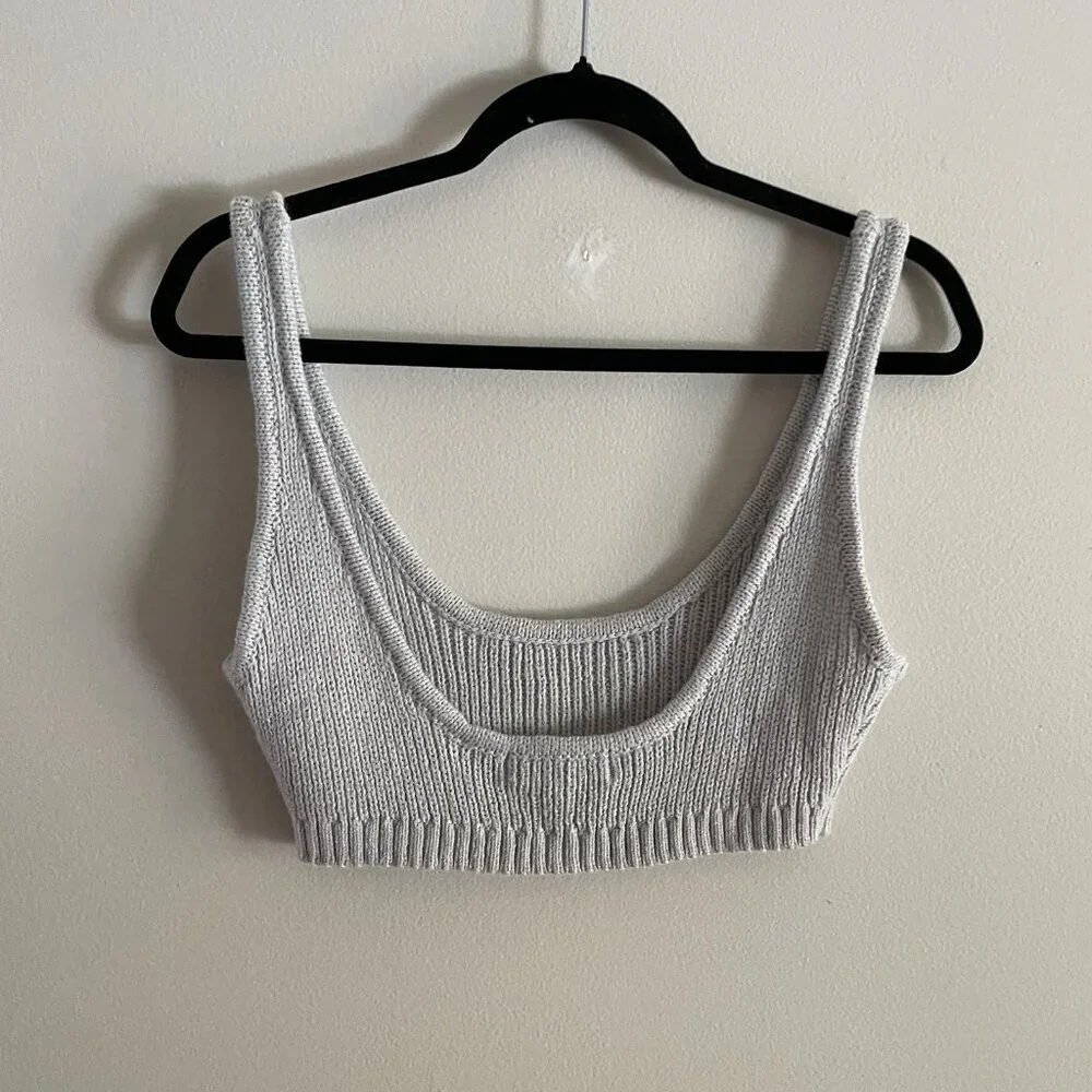 WeWoreWhat Women M Light Grey Cozy Knit Lounge Cropped Scoop Pull On Bra Top - Picture 10 of 10